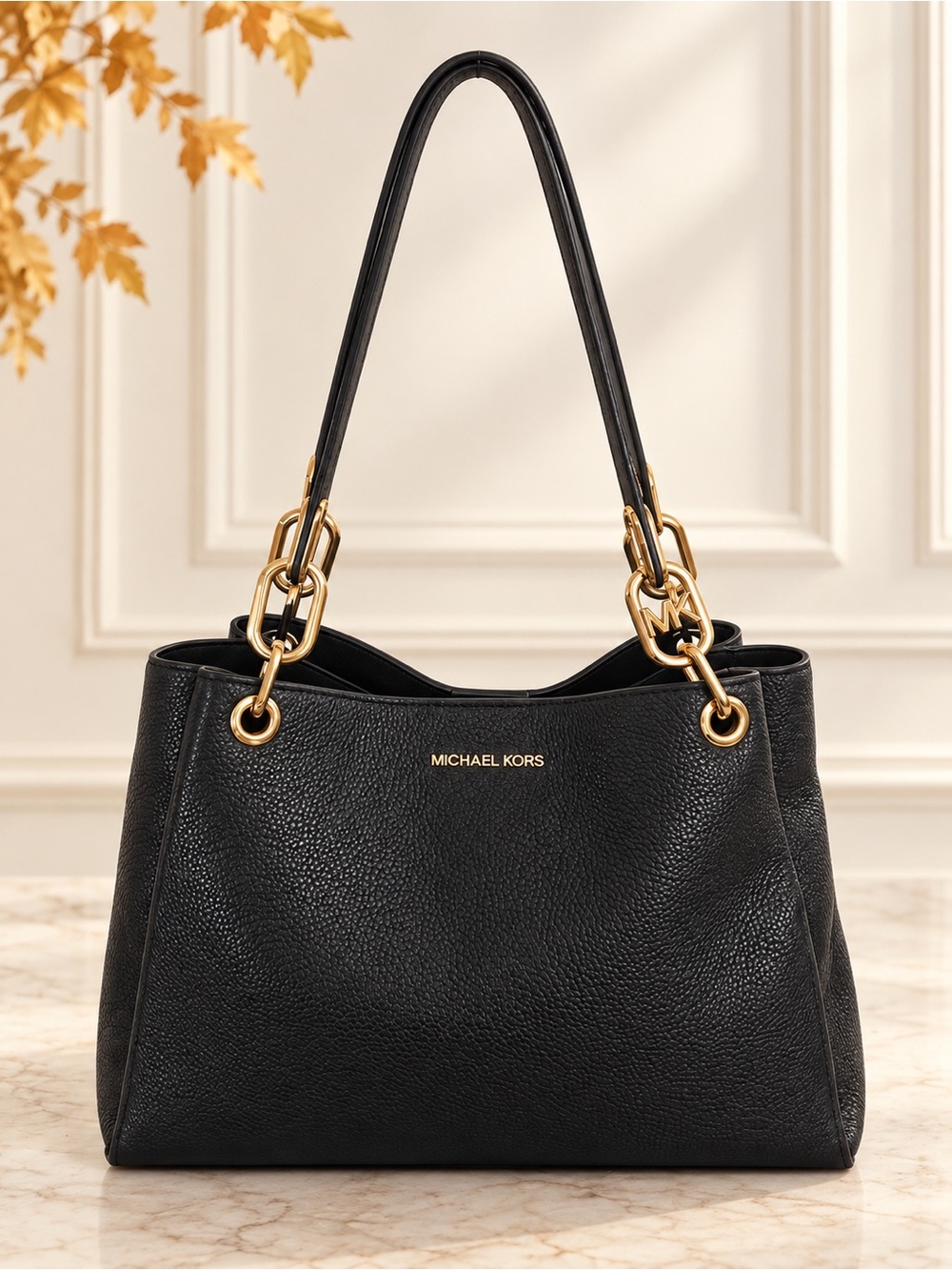 Michael Kors Black Pebbled Leather Shoulder Bag with Gold Hardware Everyday Tote
